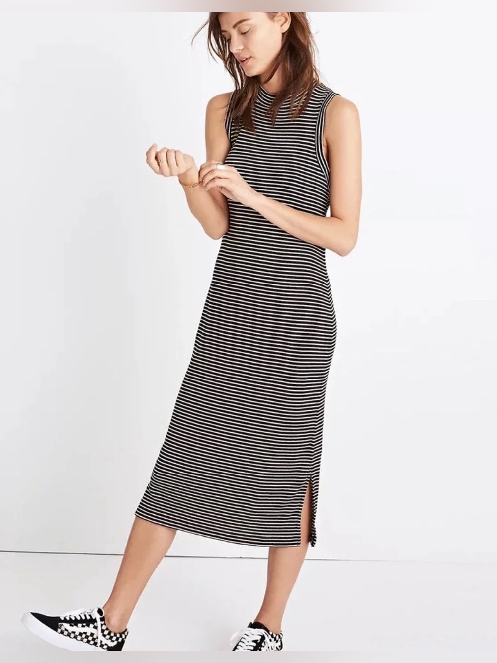 Madewell Black & White Striped Wool Blend Sleeveless Midi Dress with Side Slit